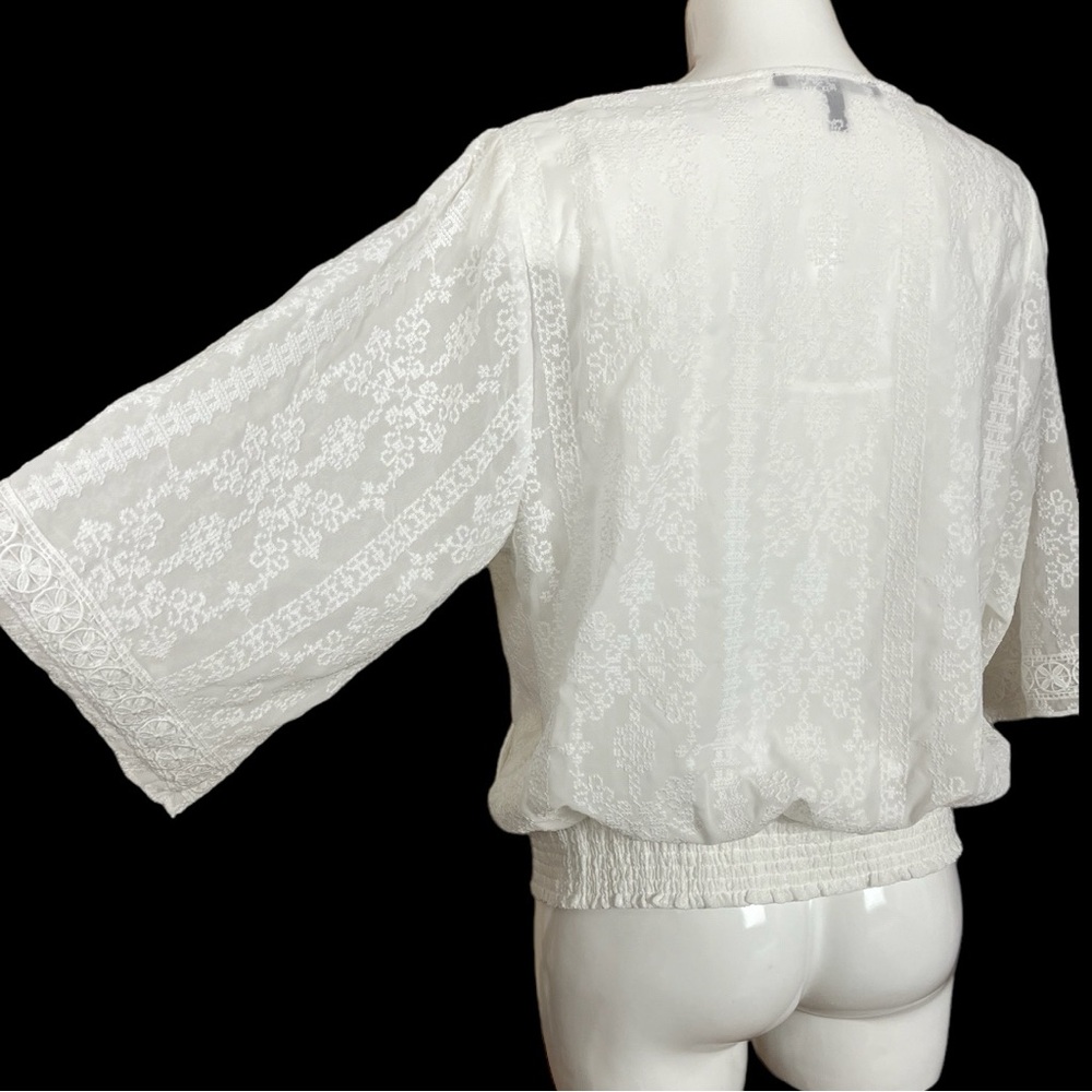 WHBM White Embroidered Kimono Sleeve Smocked Waist Surplice Blouse Size Large - Picture 8 of 15